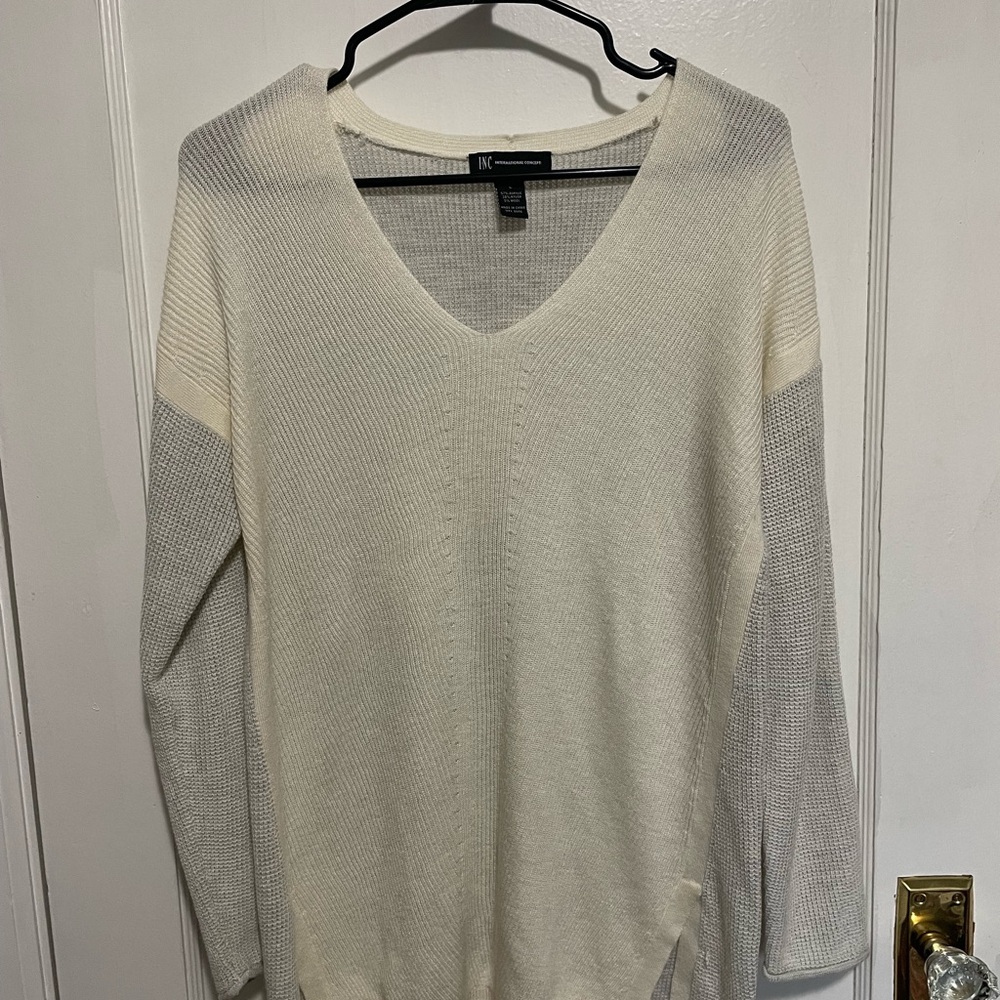 INC International Concepts Women's Ivory and Gray V-Neck Sweater, Size Large